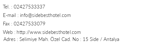 Side Best Hotel telefon numaralar, faks, e-mail, posta adresi ve iletiim bilgileri